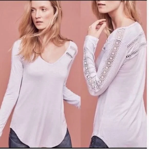 Anthropologie Deletta Light Purple Long Sleeve V-Neck Stretch Crochet Top Size S - Picture 1 of 10